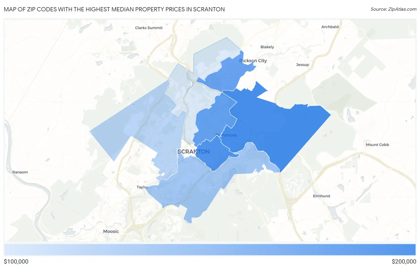 Zip Codes with the Highest Median Property Prices in Scranton Map
