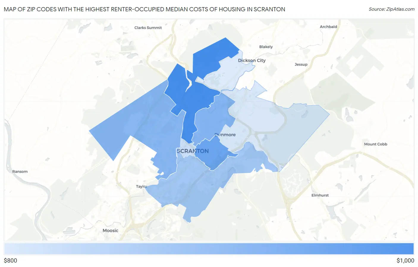 Zip Codes with the Highest Renter-Occupied Median Costs of Housing in Scranton Map