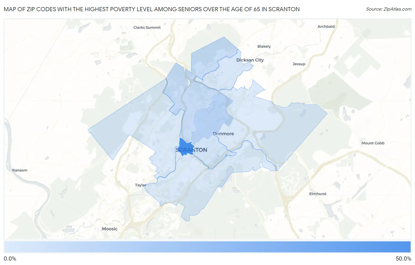Zip Codes with the Highest Poverty Level Among Seniors Over the Age of 65 in Scranton Map
