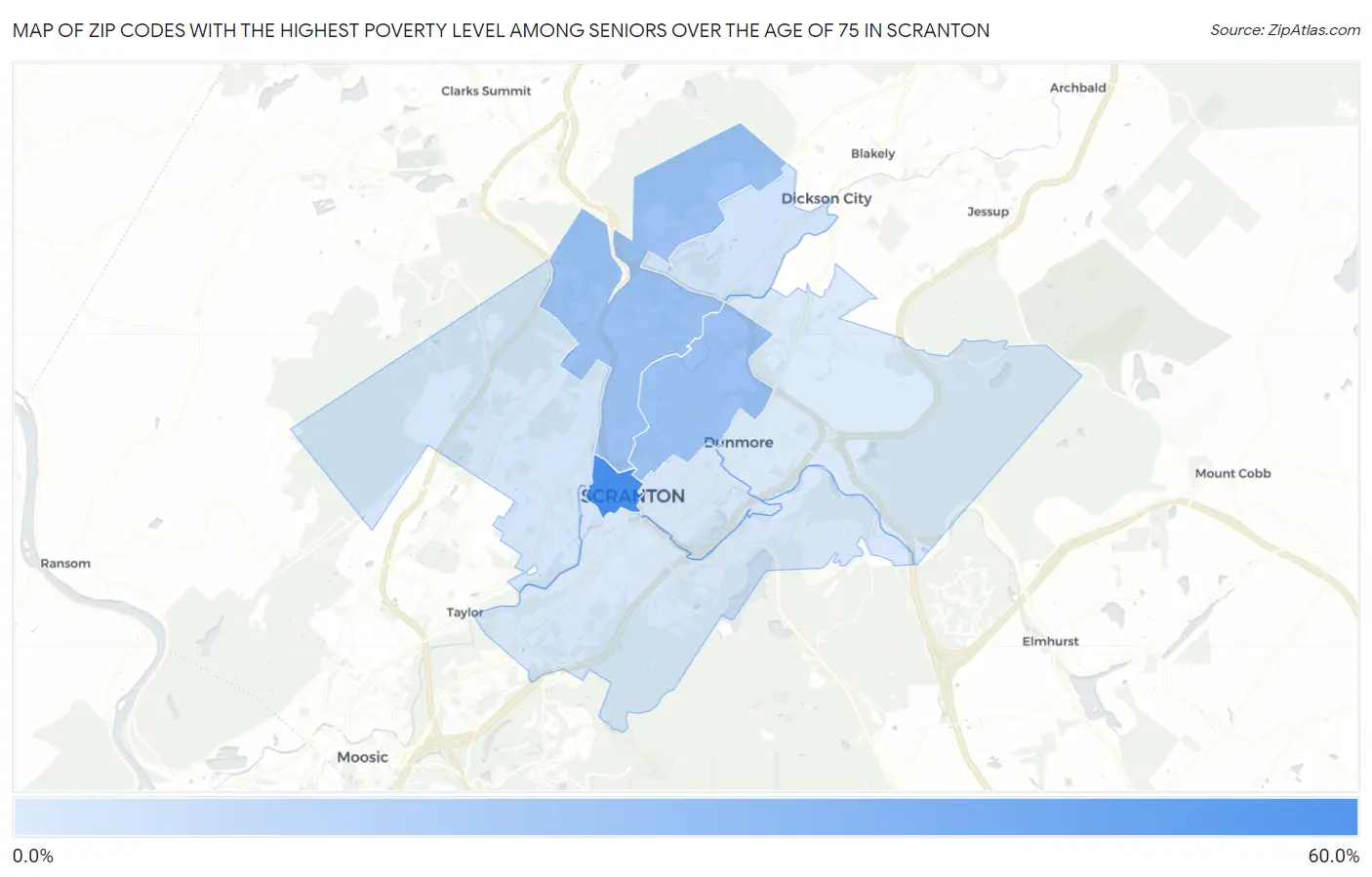 Zip Codes with the Highest Poverty Level Among Seniors Over the Age of 75 in Scranton Map
