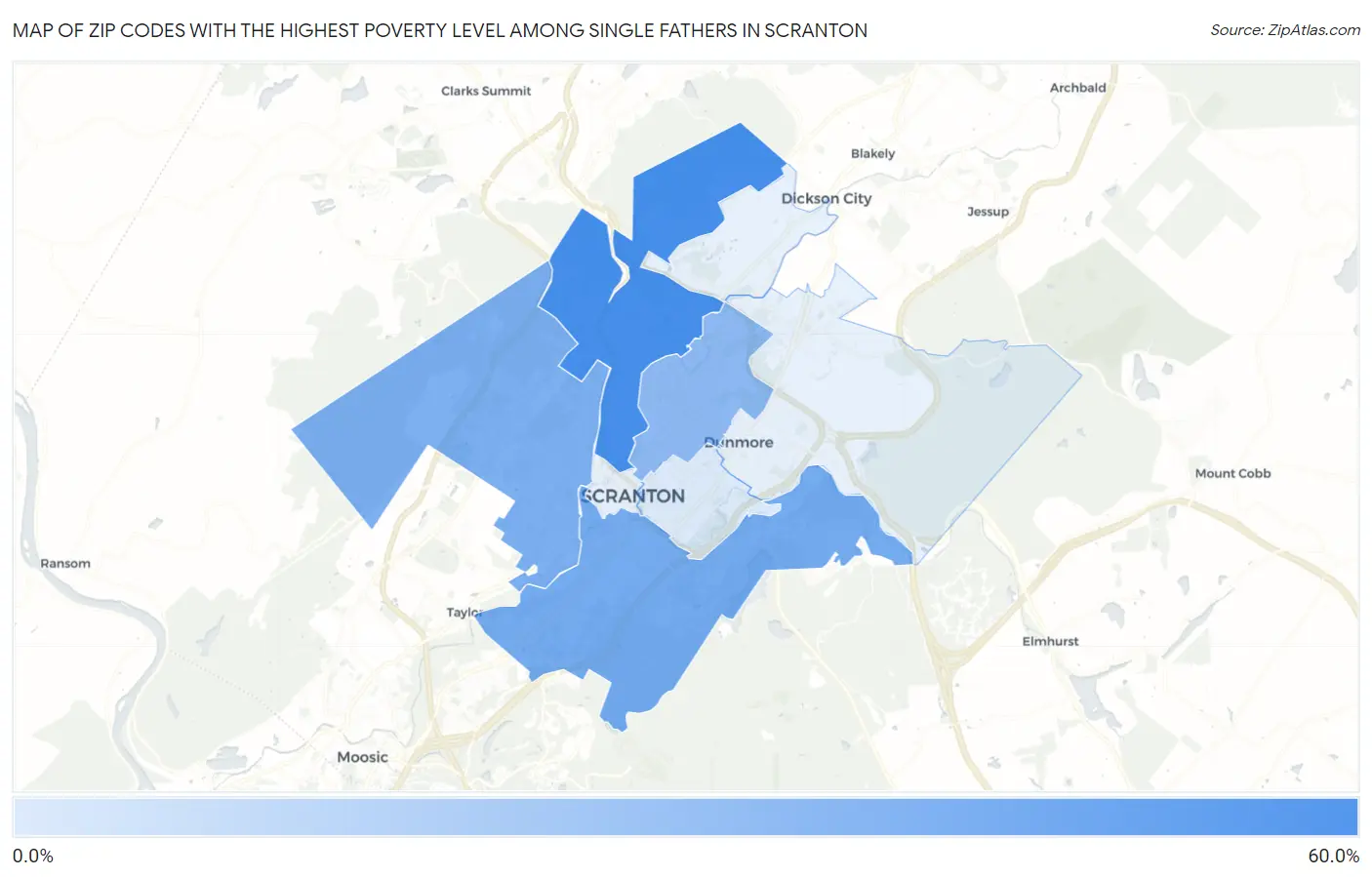 Zip Codes with the Highest Poverty Level Among Single Fathers in Scranton Map