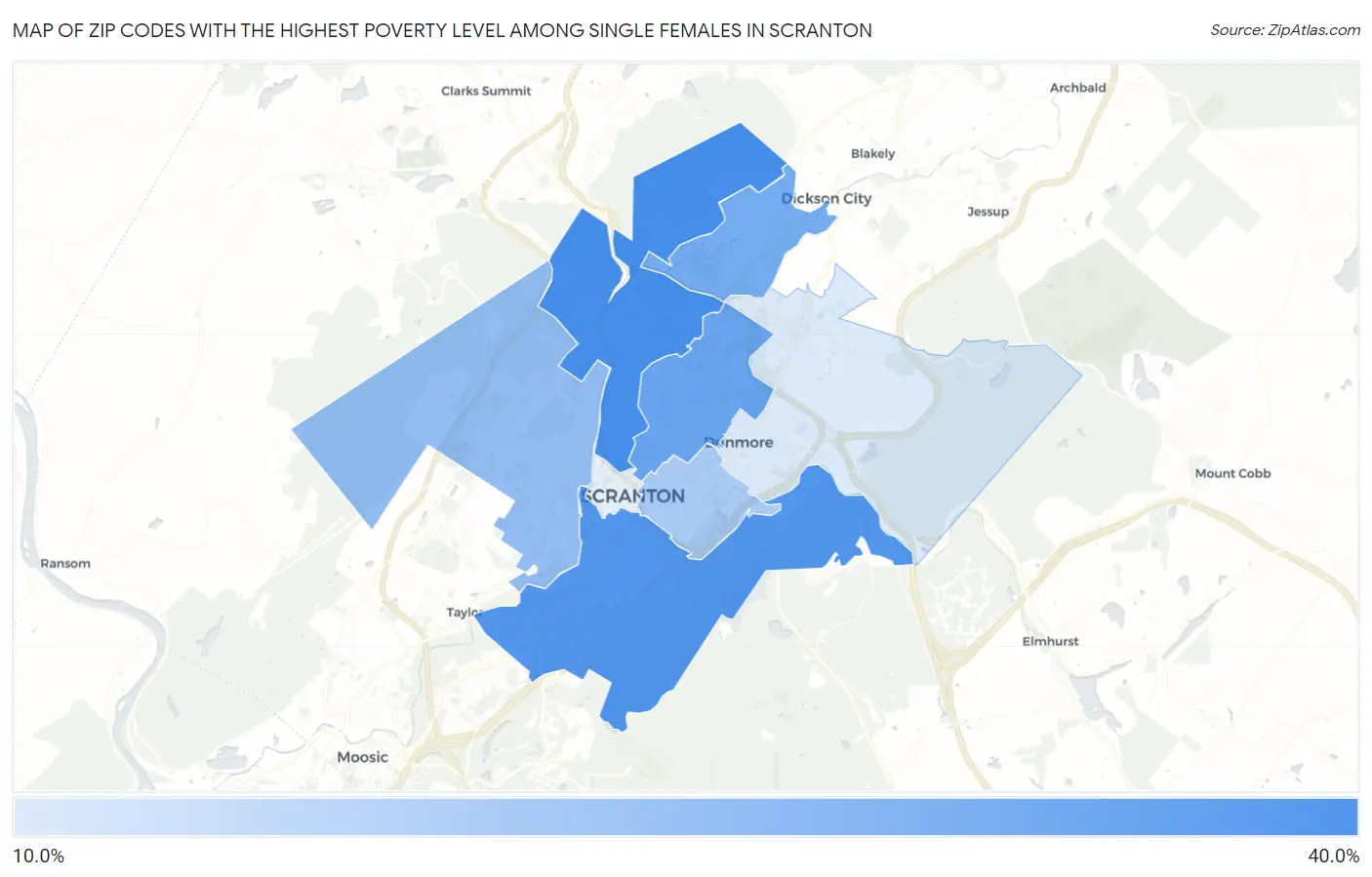 Zip Codes with the Highest Poverty Level Among Single Females in Scranton Map