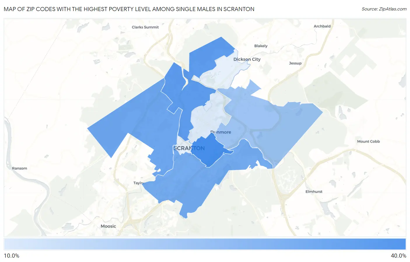 Zip Codes with the Highest Poverty Level Among Single Males in Scranton Map