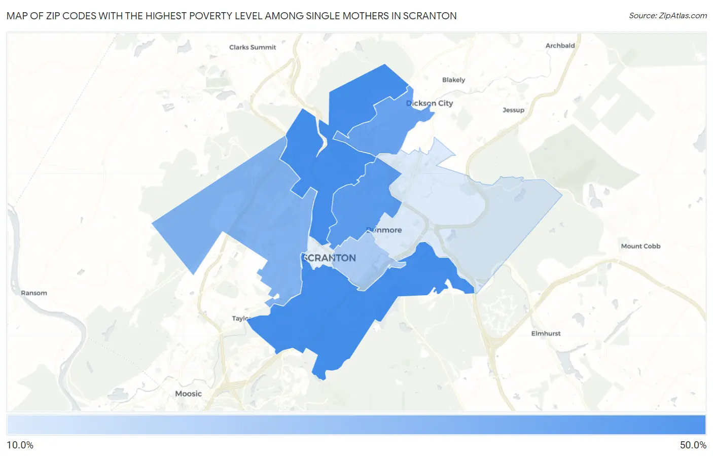 Zip Codes with the Highest Poverty Level Among Single Mothers in Scranton Map
