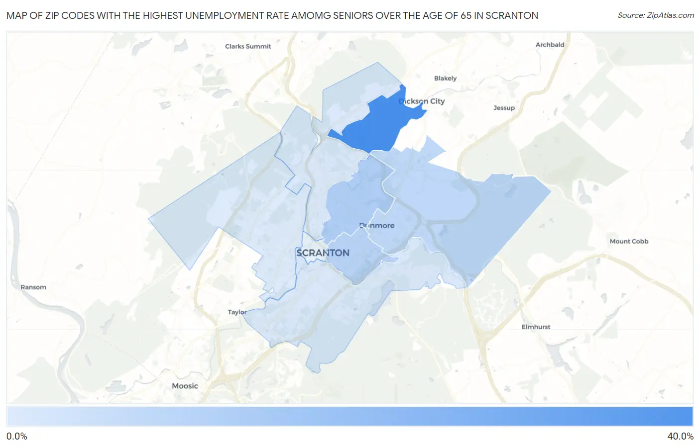 Zip Codes with the Highest Unemployment Rate Amomg Seniors Over the Age of 65 in Scranton Map