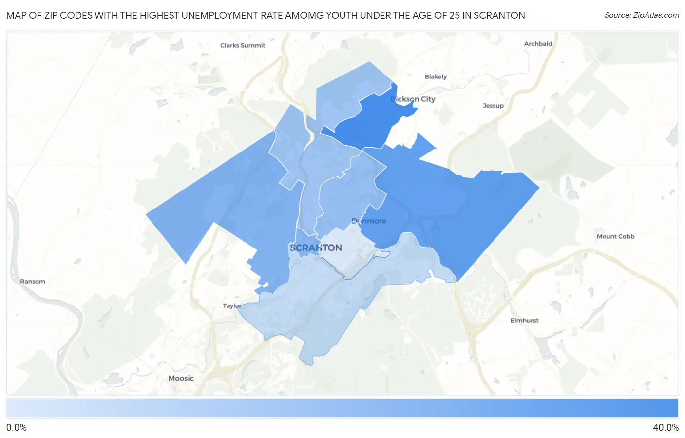Zip Codes with the Highest Unemployment Rate Amomg Youth Under the Age of 25 in Scranton Map