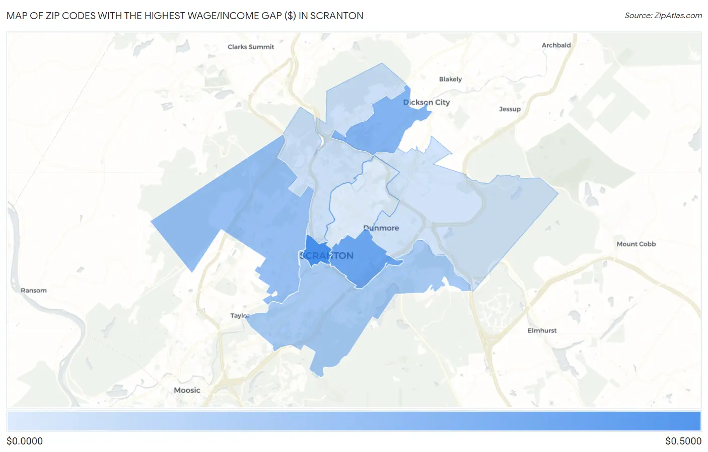 Zip Codes with the Highest Wage/Income Gap ($) in Scranton Map