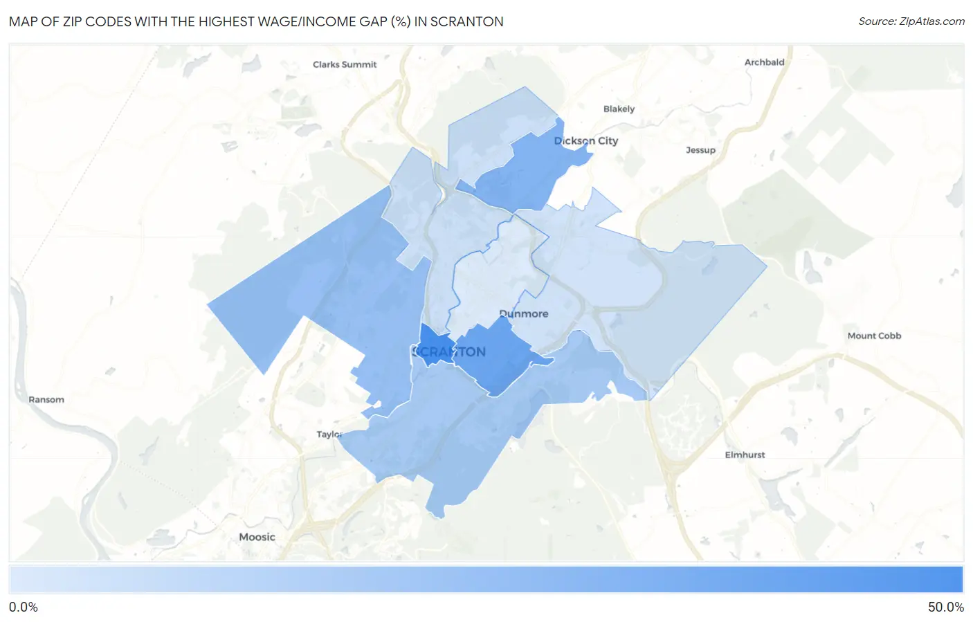 Zip Codes with the Highest Wage/Income Gap (%) in Scranton Map