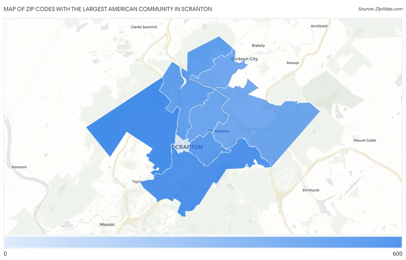 Zip Codes with the Largest American Community in Scranton Map