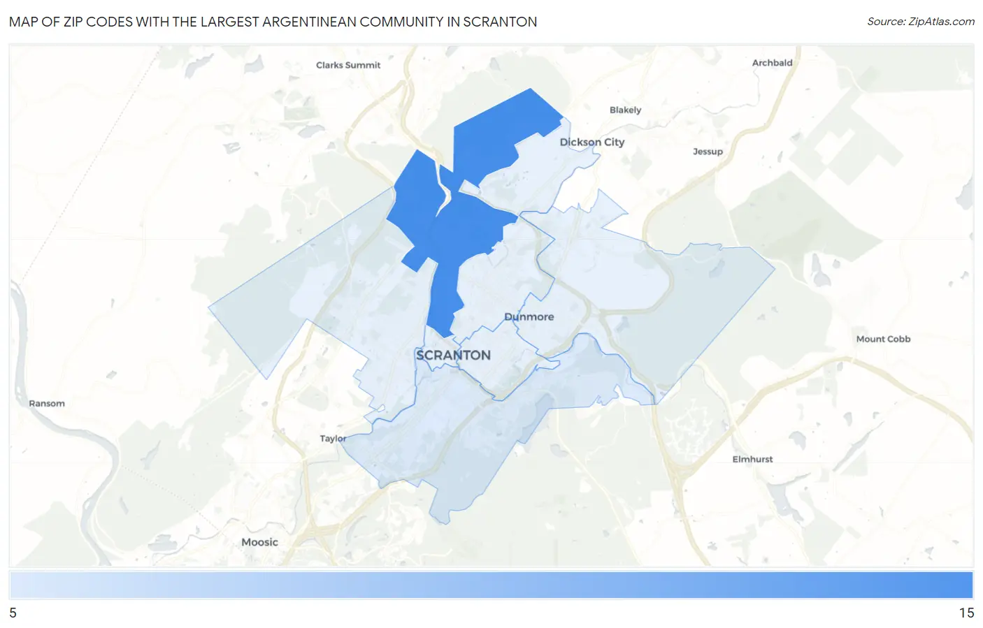 Zip Codes with the Largest Argentinean Community in Scranton Map