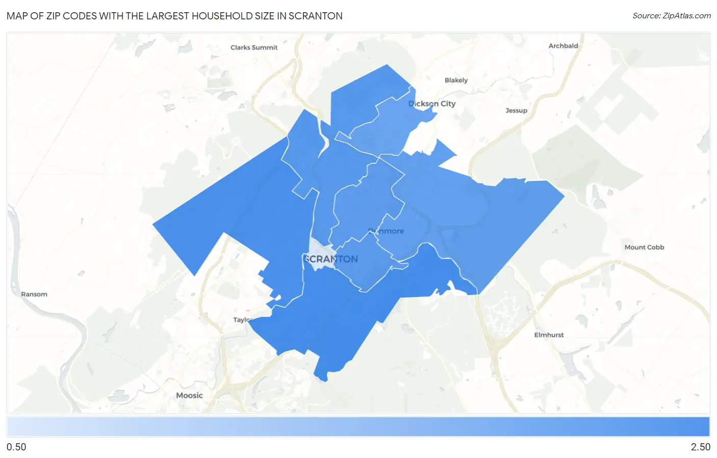 Zip Codes with the Largest Household Size in Scranton Map