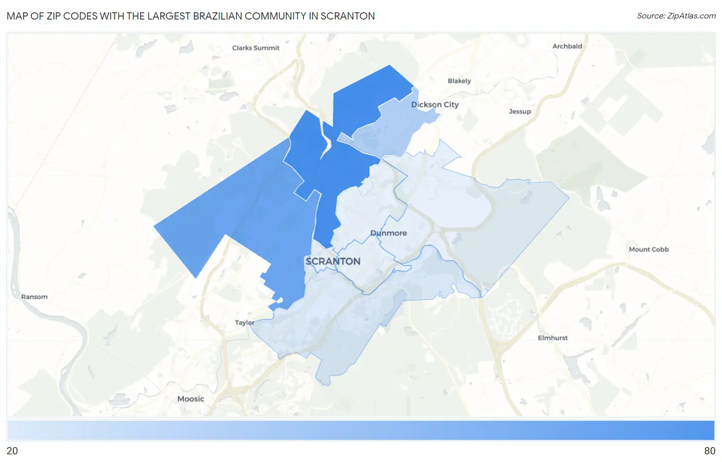 Zip Codes with the Largest Brazilian Community in Scranton Map