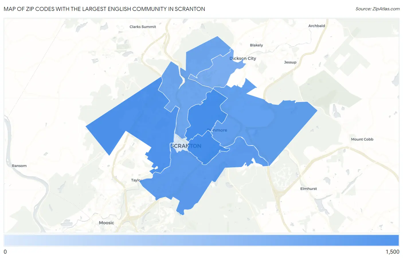 Zip Codes with the Largest English Community in Scranton Map