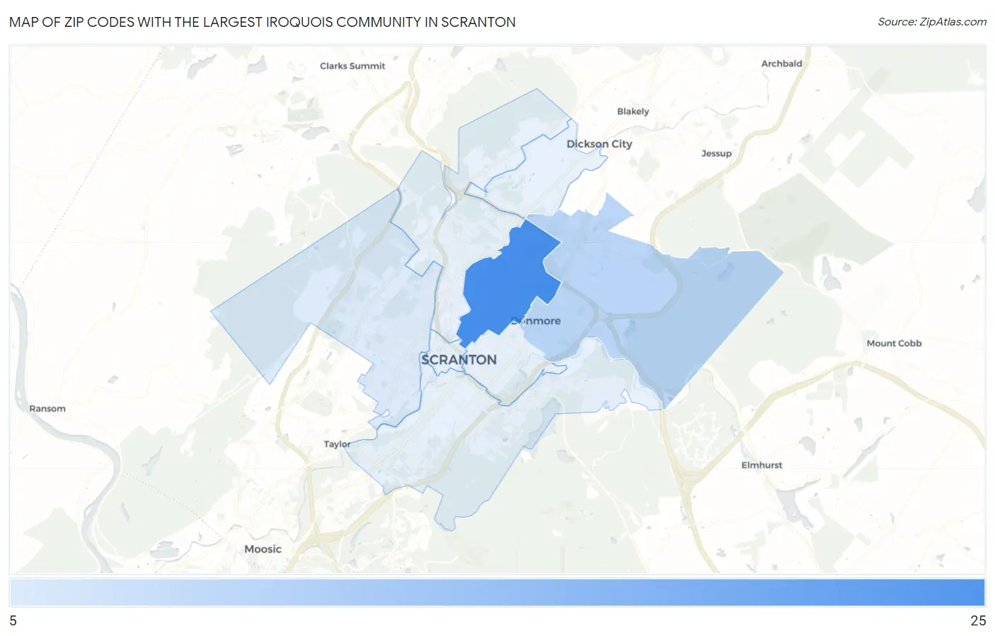 Zip Codes with the Largest Iroquois Community in Scranton Map