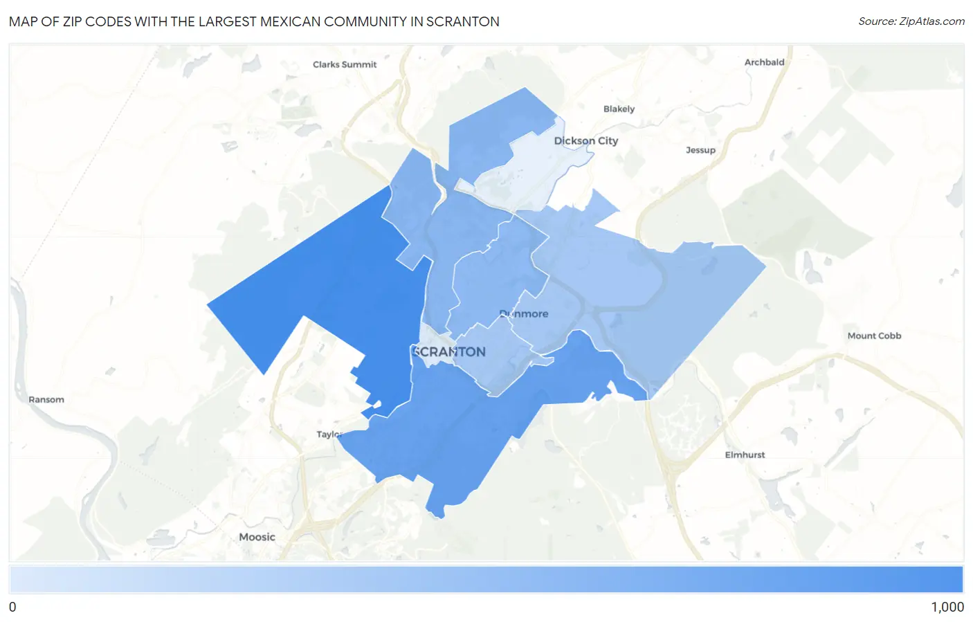 Zip Codes with the Largest Mexican Community in Scranton Map