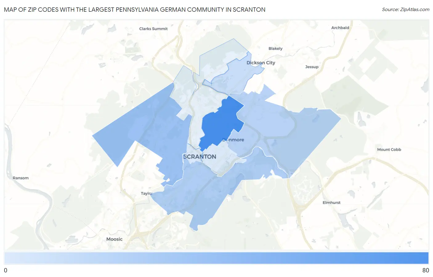 Zip Codes with the Largest Pennsylvania German Community in Scranton Map