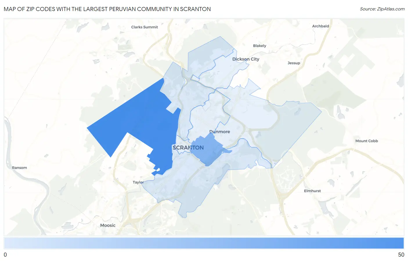 Zip Codes with the Largest Peruvian Community in Scranton Map