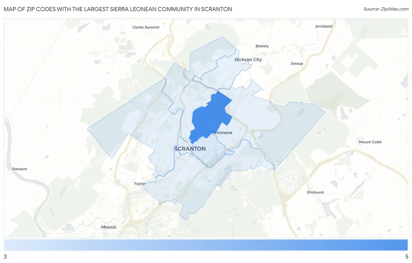 Zip Codes with the Largest Sierra Leonean Community in Scranton Map