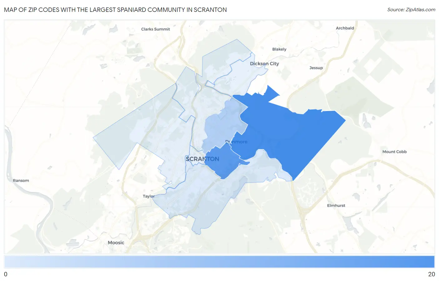 Zip Codes with the Largest Spaniard Community in Scranton Map