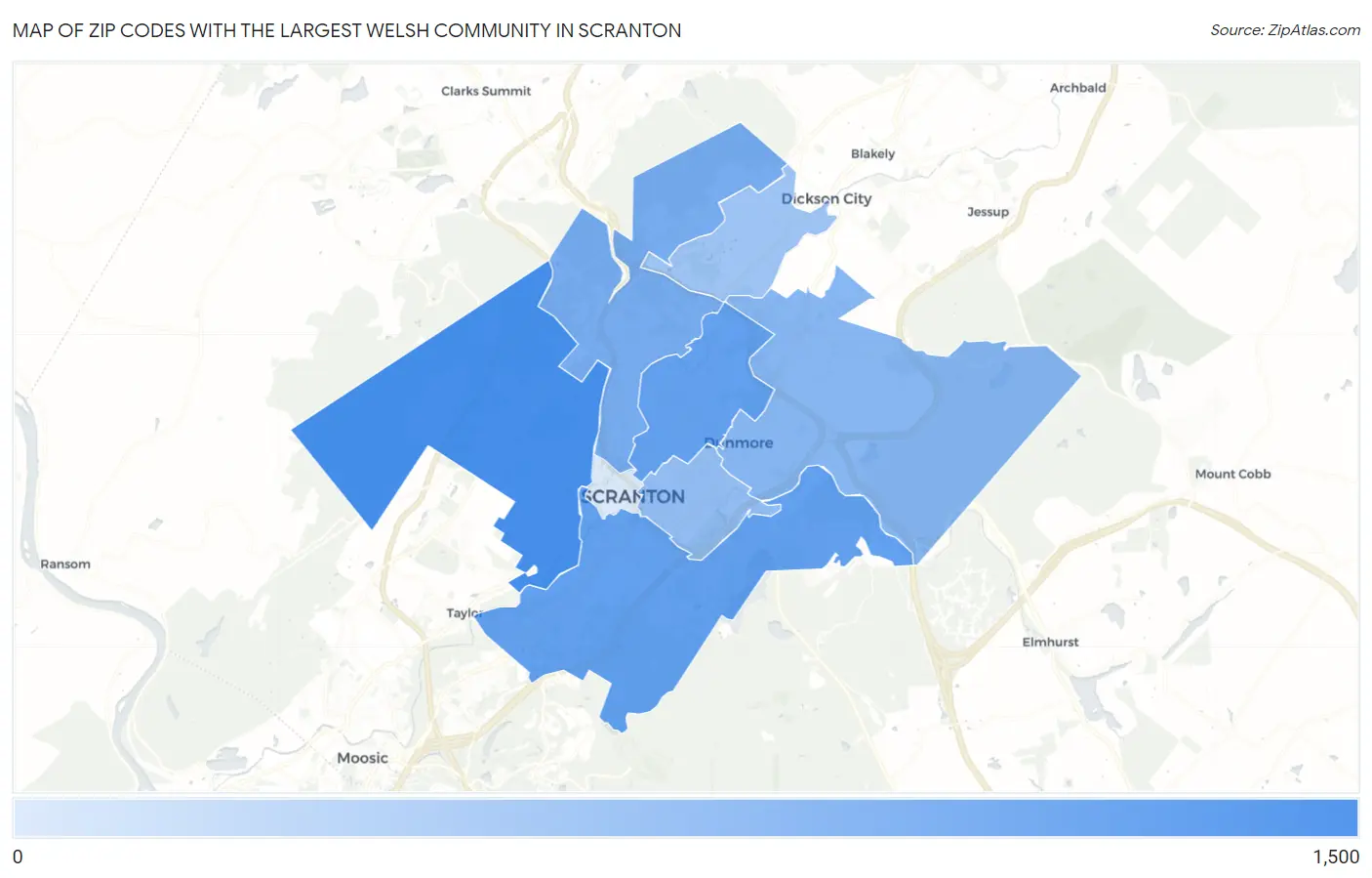 Zip Codes with the Largest Welsh Community in Scranton Map