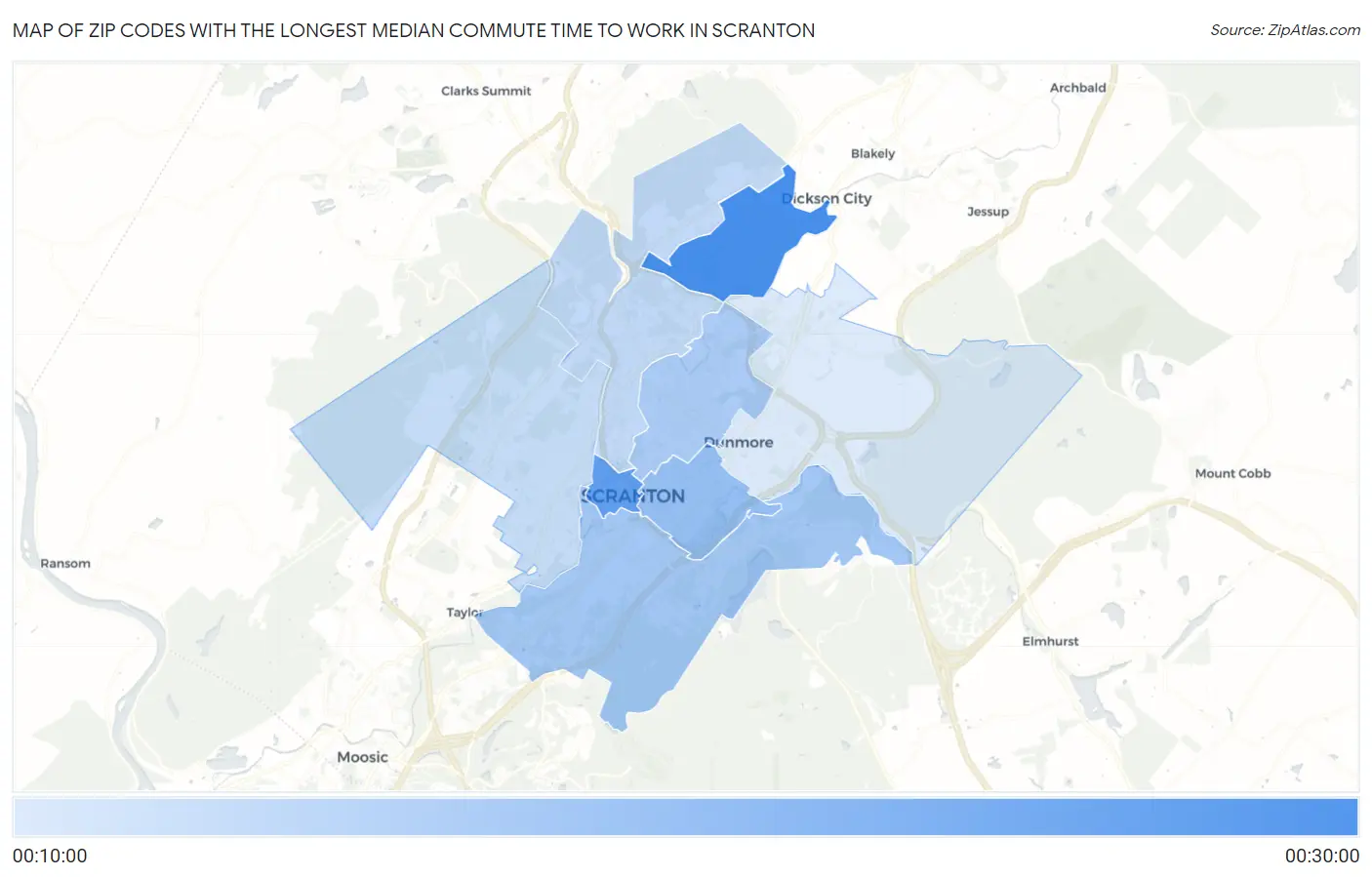Zip Codes with the Longest Median Commute Time to Work in Scranton Map