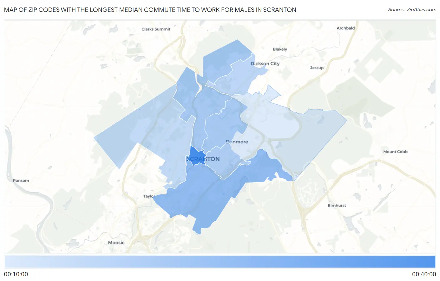Zip Codes with the Longest Median Commute Time to Work for Males in Scranton Map