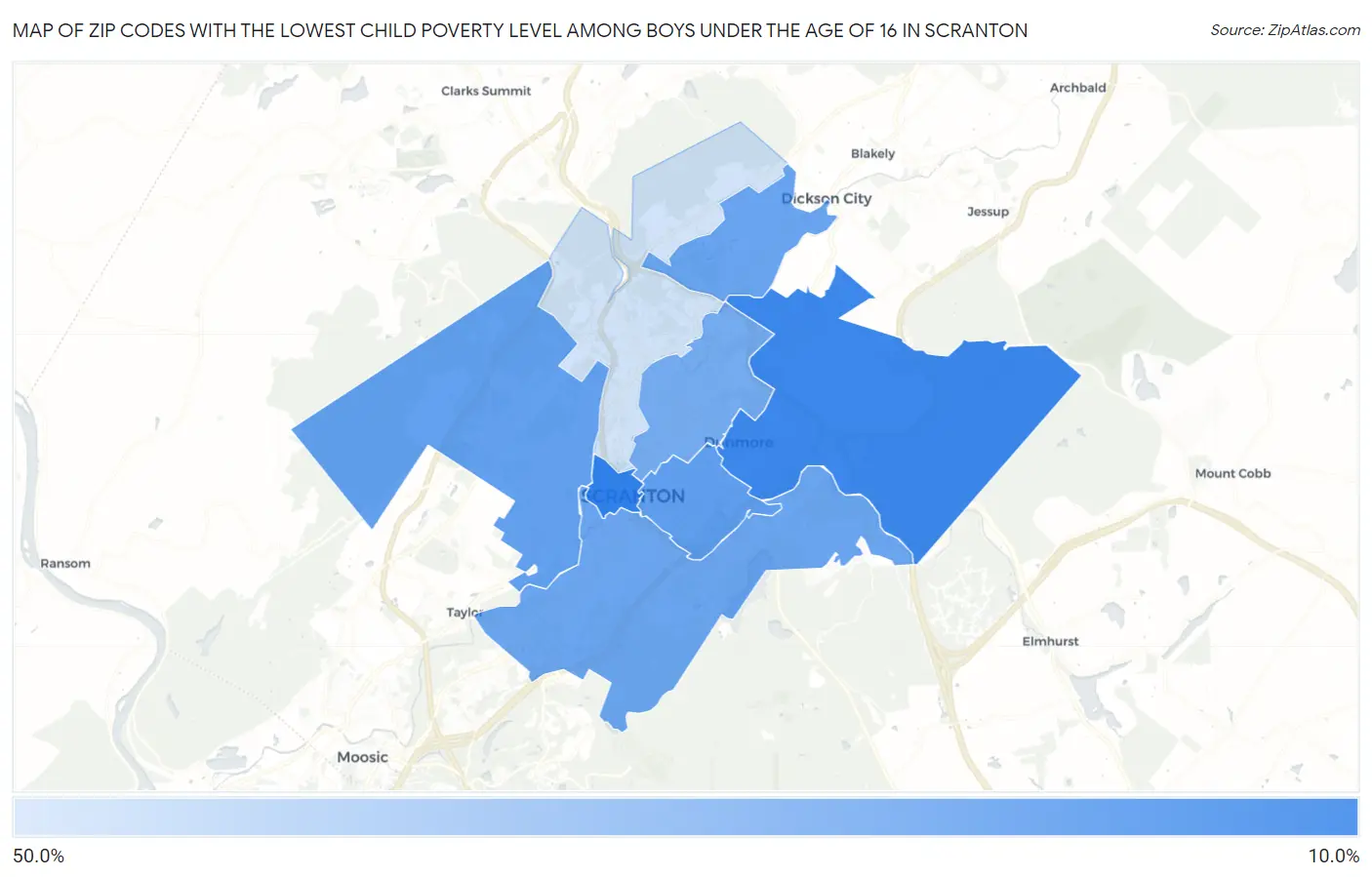 Zip Codes with the Lowest Child Poverty Level Among Boys Under the Age of 16 in Scranton Map