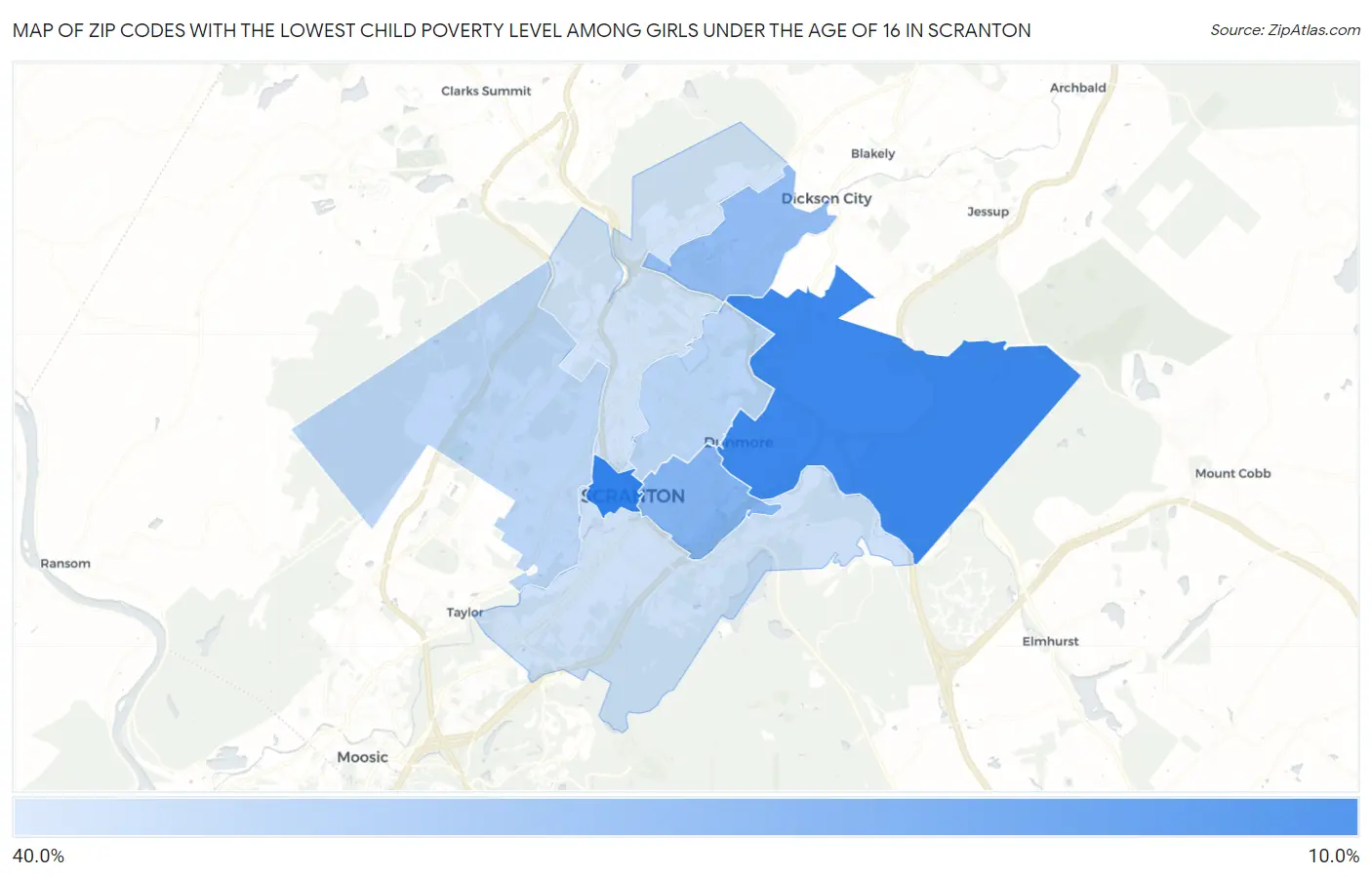 Zip Codes with the Lowest Child Poverty Level Among Girls Under the Age of 16 in Scranton Map