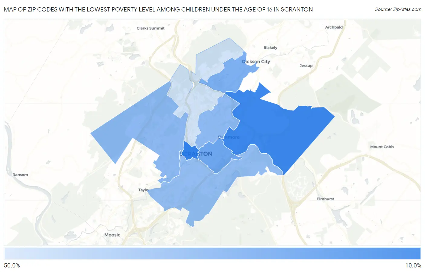 Zip Codes with the Lowest Poverty Level Among Children Under the Age of 16 in Scranton Map