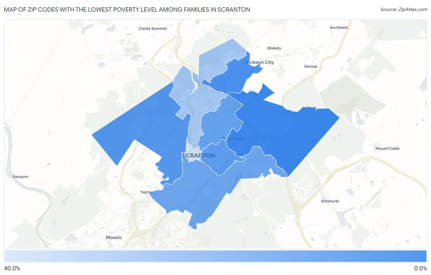 Zip Codes with the Lowest Poverty Level Among Families in Scranton Map