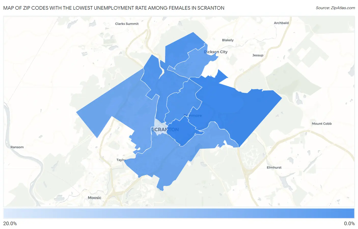 Zip Codes with the Lowest Unemployment Rate Among Females in Scranton Map