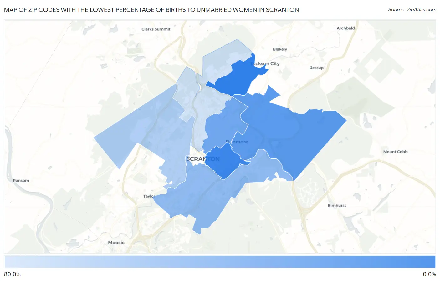 Zip Codes with the Lowest Percentage of Births to Unmarried Women in Scranton Map