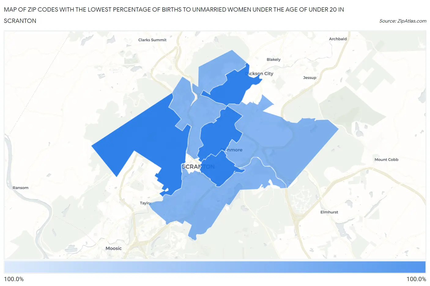 Zip Codes with the Lowest Percentage of Births to Unmarried Women under the Age of under 20 in Scranton Map