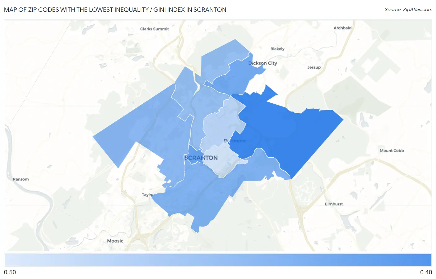 Zip Codes with the Lowest Inequality / Gini Index in Scranton Map