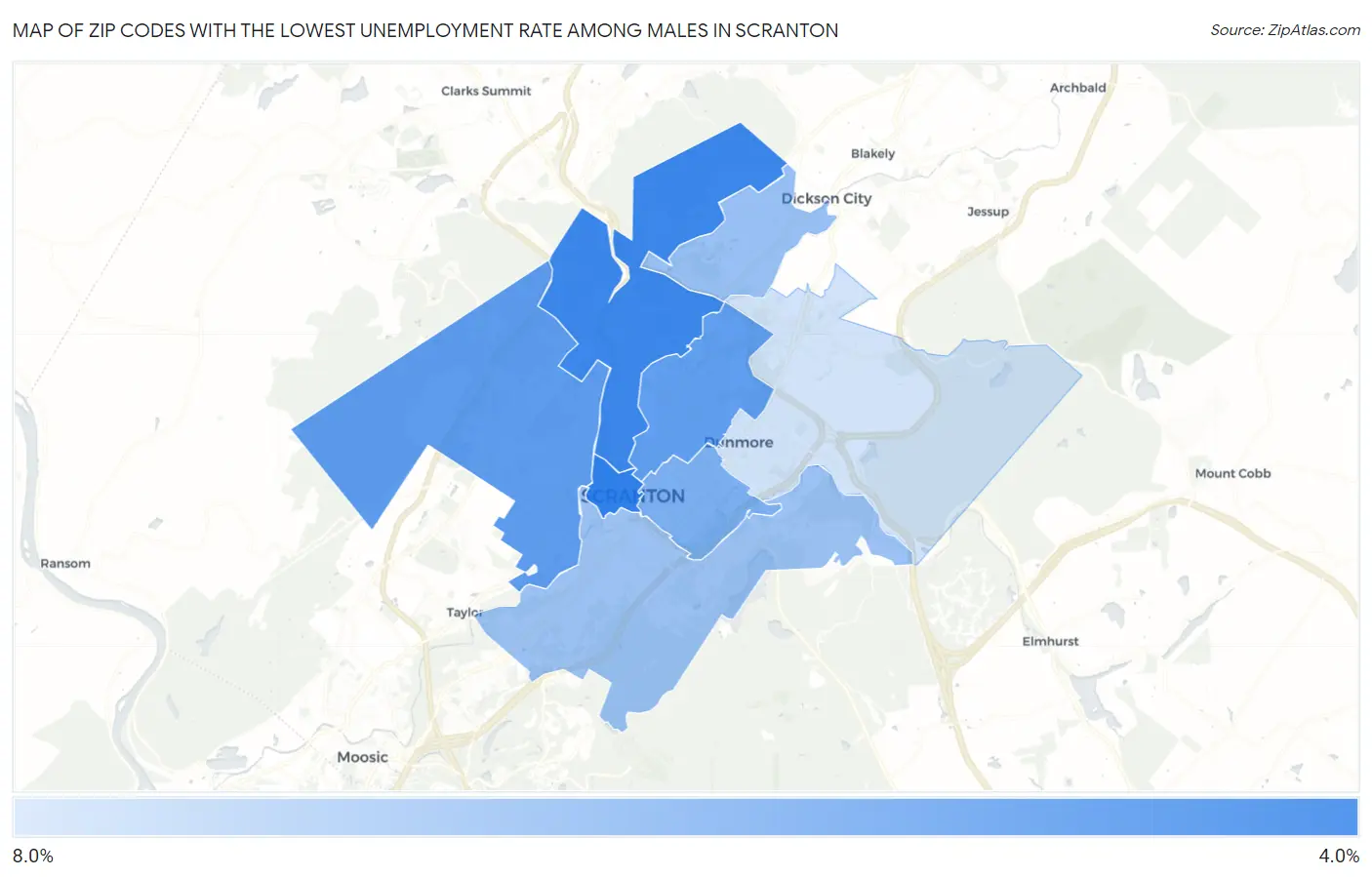 Zip Codes with the Lowest Unemployment Rate Among Males in Scranton Map