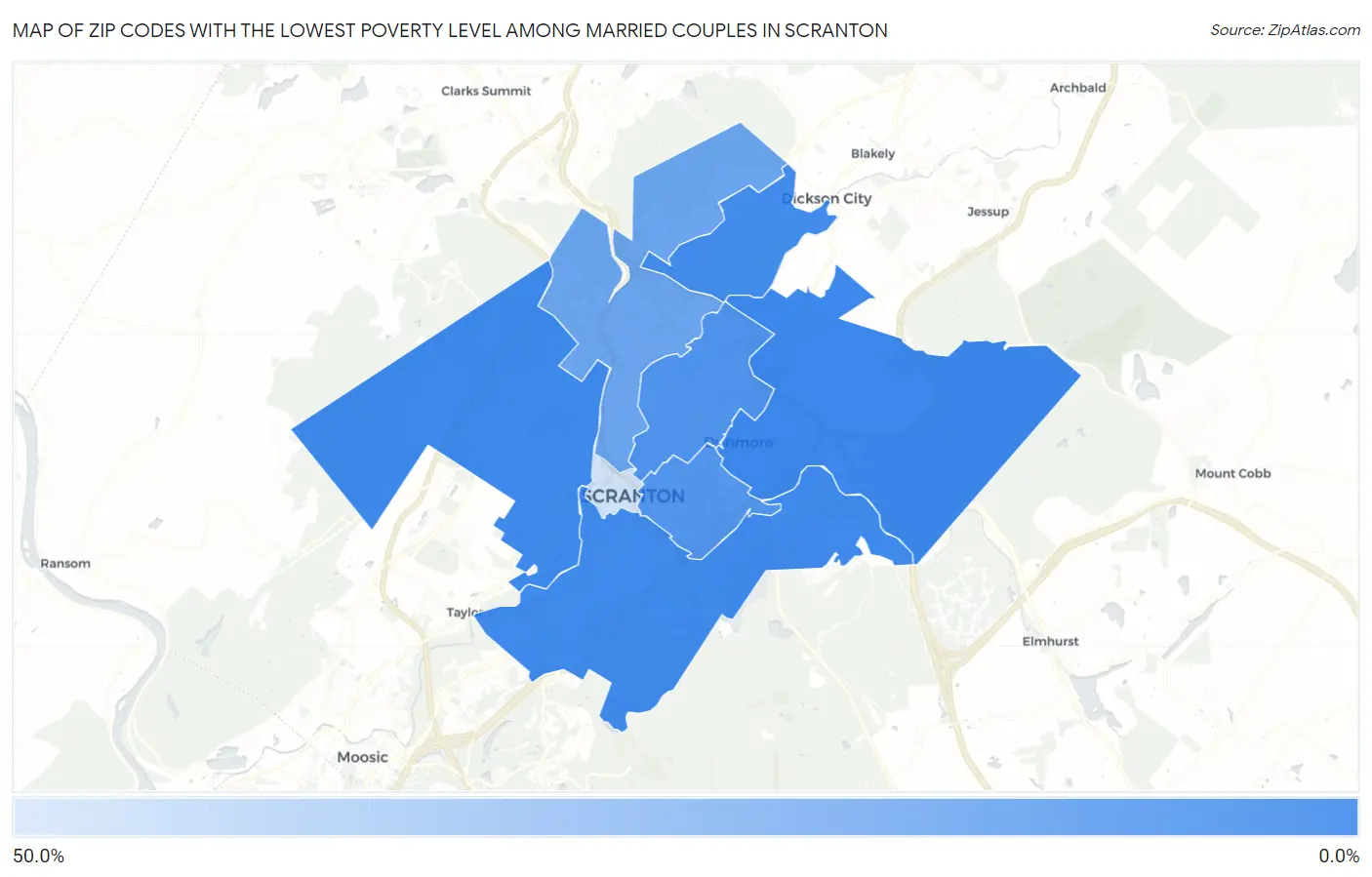 Zip Codes with the Lowest Poverty Level Among Married Couples in Scranton Map