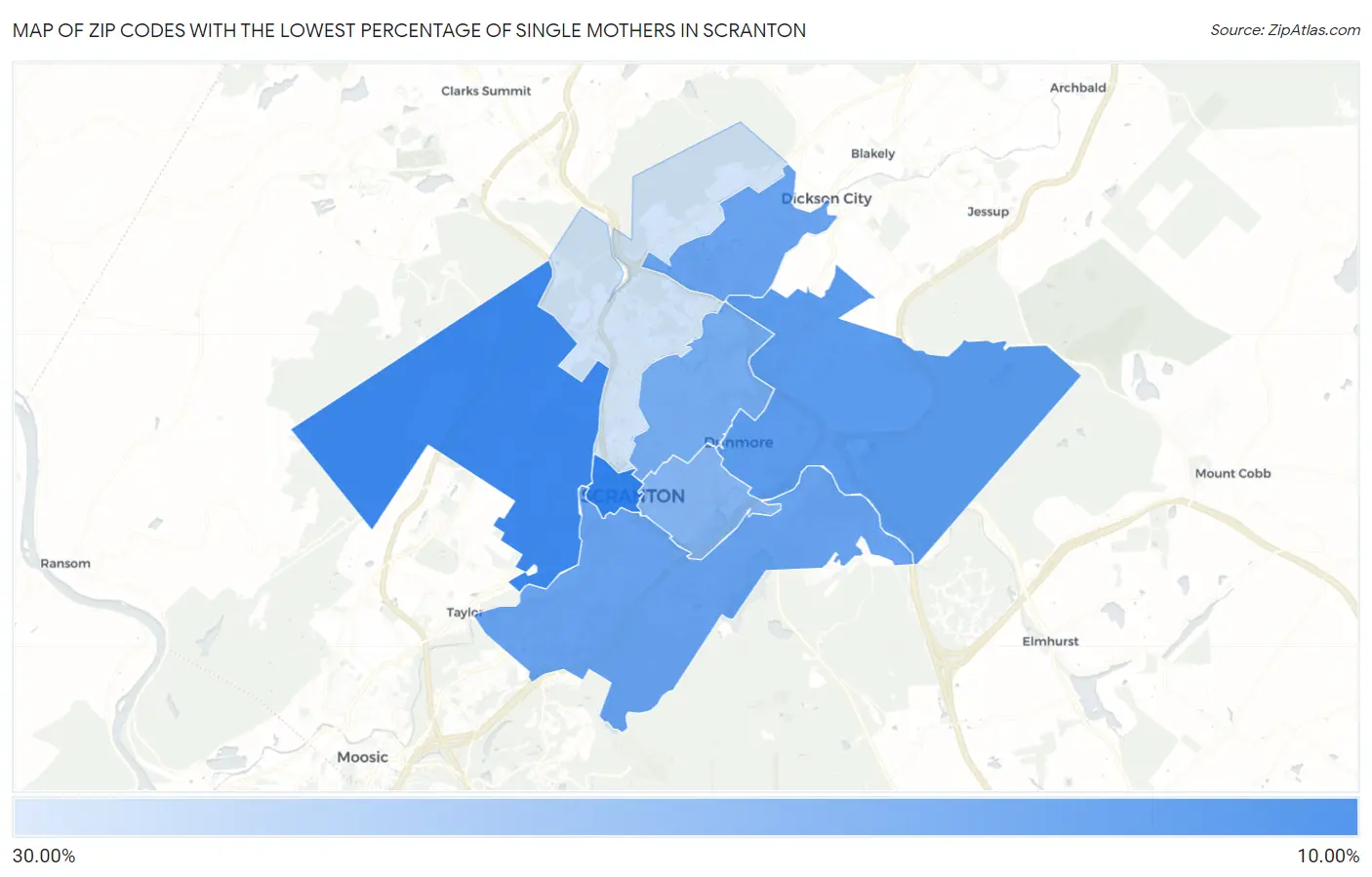 Zip Codes with the Lowest Percentage of Single Mothers in Scranton Map