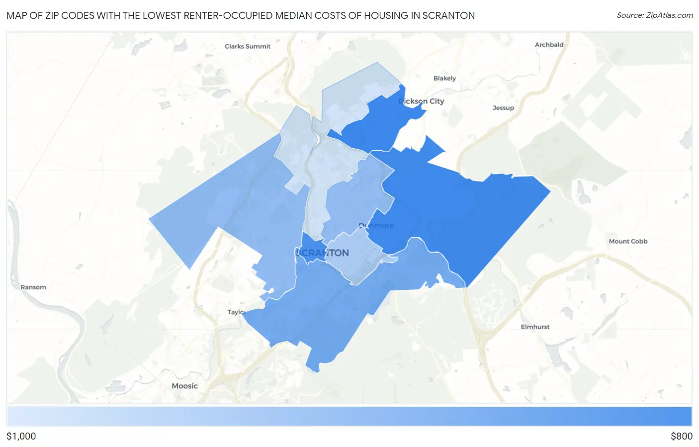 Zip Codes with the Lowest Renter-Occupied Median Costs of Housing in Scranton Map