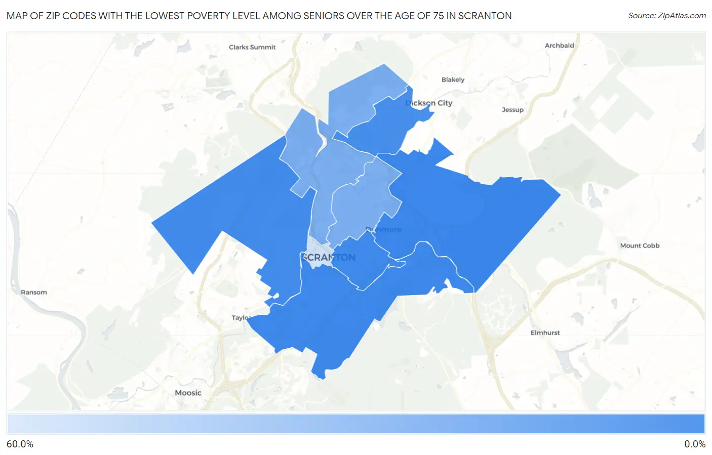 Zip Codes with the Lowest Poverty Level Among Seniors Over the Age of 75 in Scranton Map