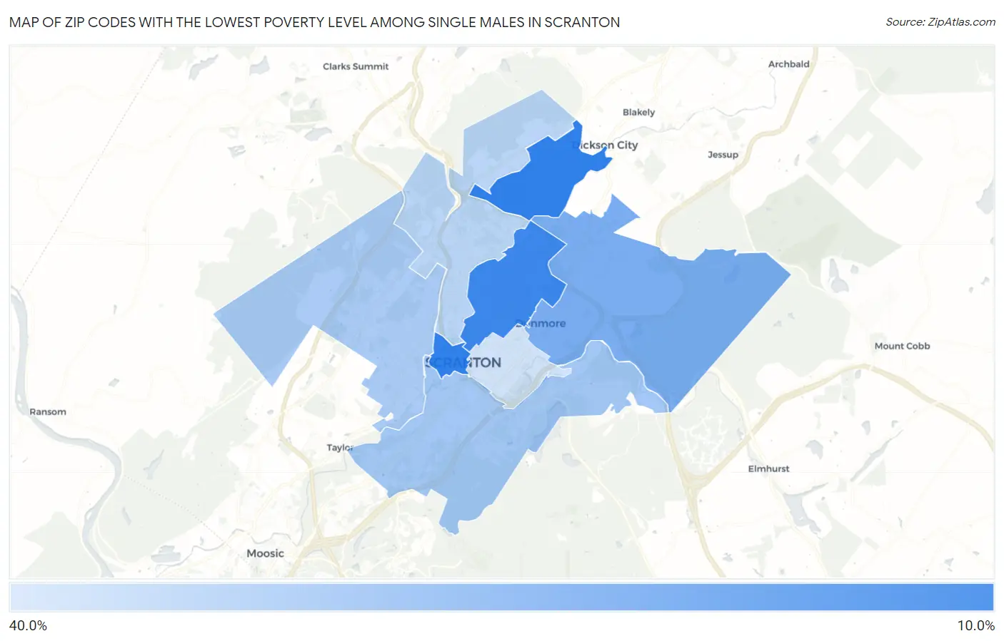 Zip Codes with the Lowest Poverty Level Among Single Males in Scranton Map