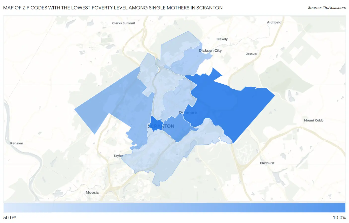 Zip Codes with the Lowest Poverty Level Among Single Mothers in Scranton Map