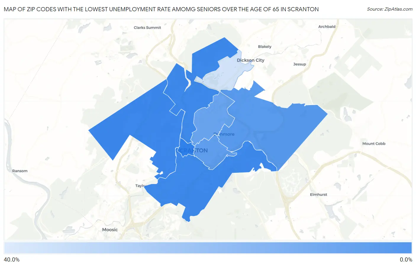 Zip Codes with the Lowest Unemployment Rate Amomg Seniors Over the Age of 65 in Scranton Map