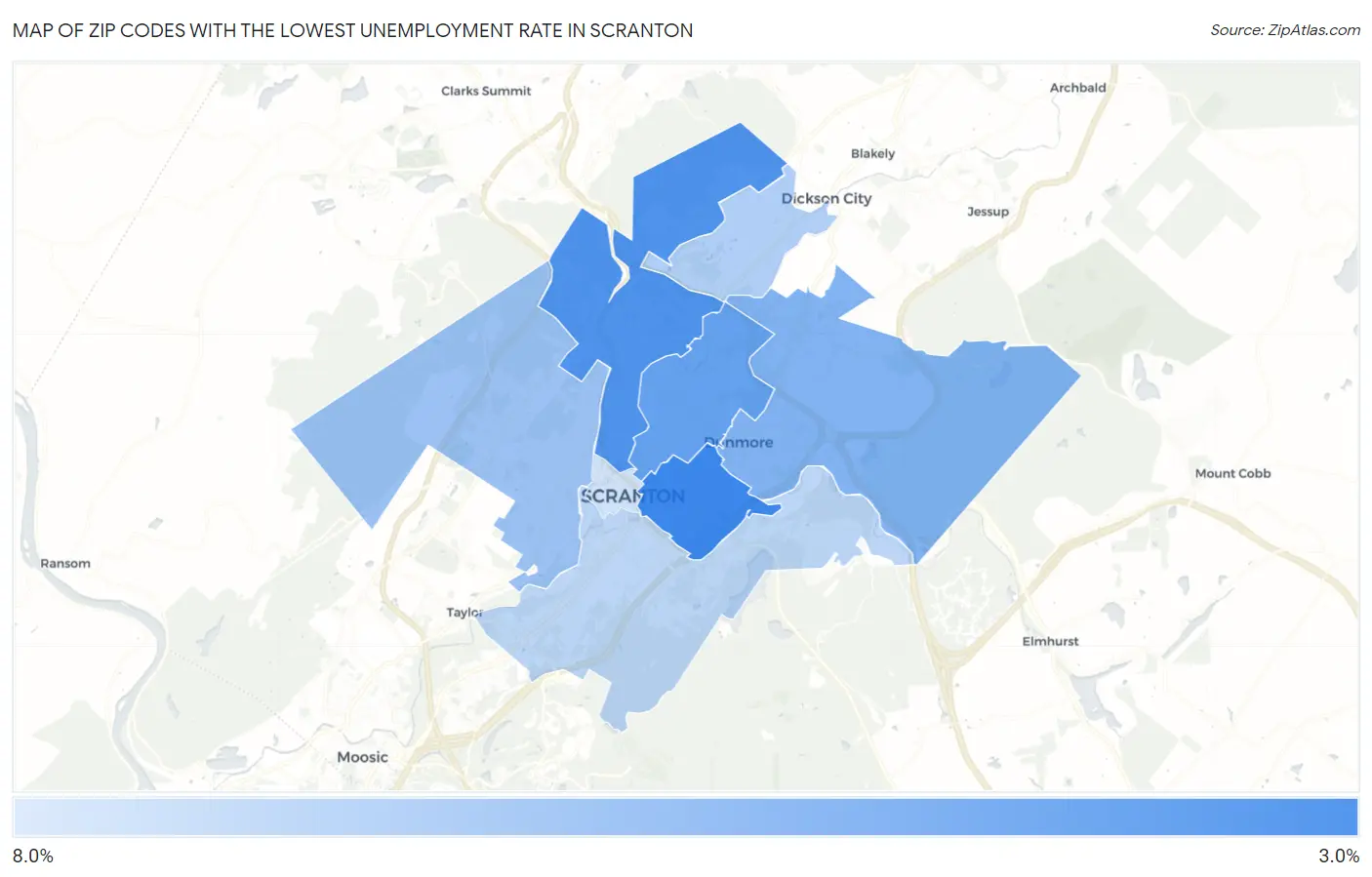 Zip Codes with the Lowest Unemployment Rate in Scranton Map
