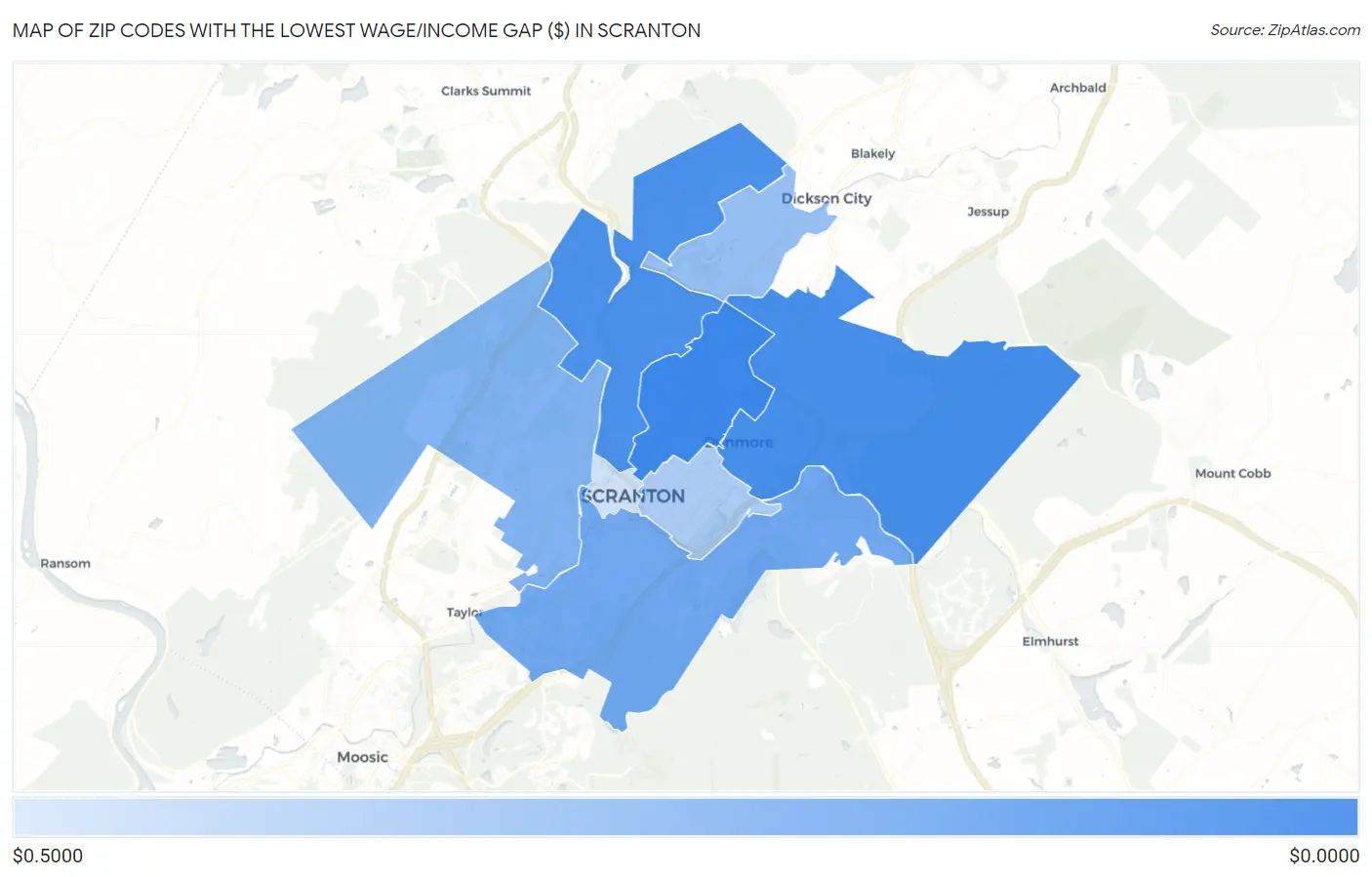 Zip Codes with the Lowest Wage/Income Gap ($) in Scranton Map