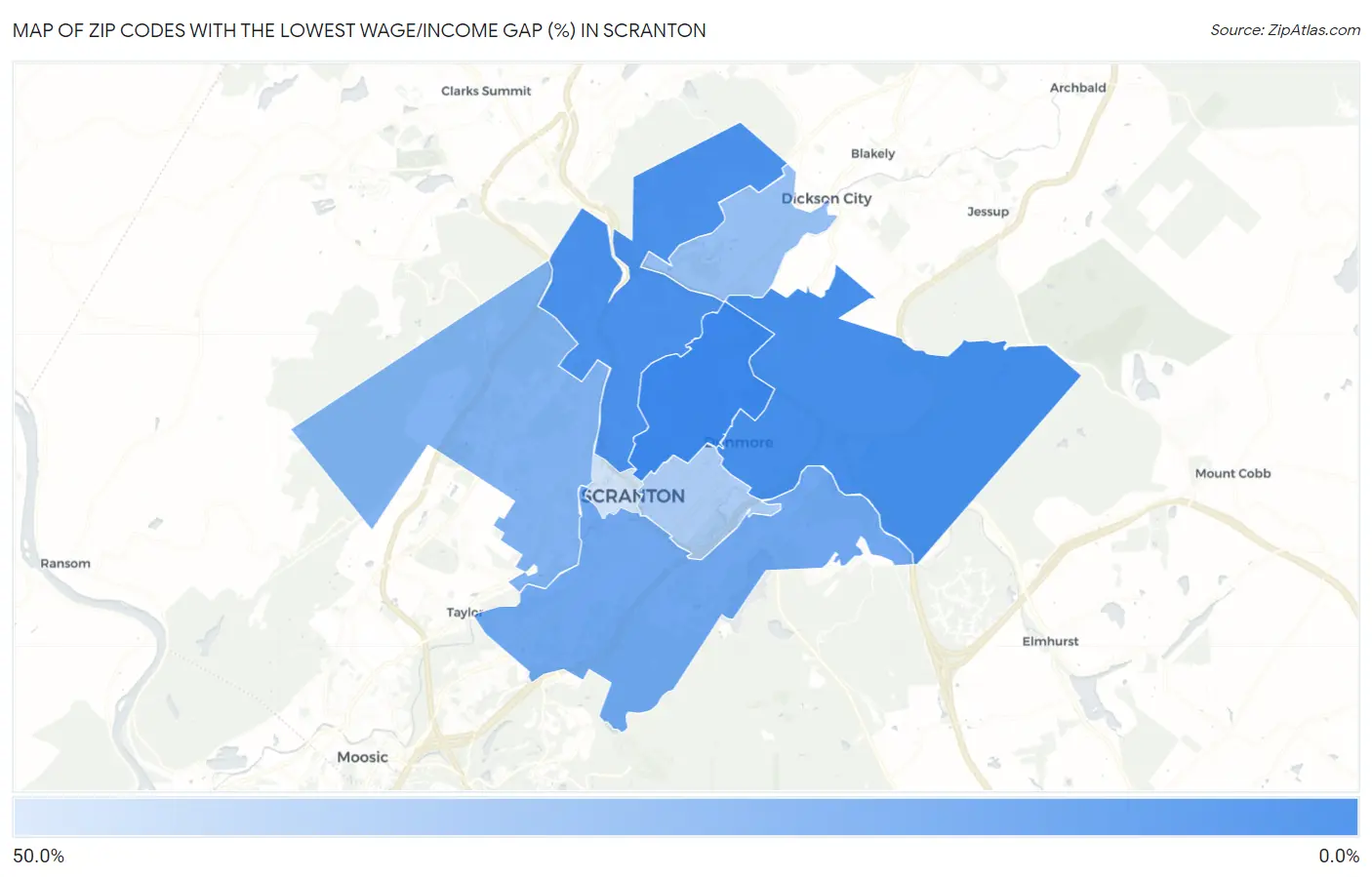 Zip Codes with the Lowest Wage/Income Gap (%) in Scranton Map