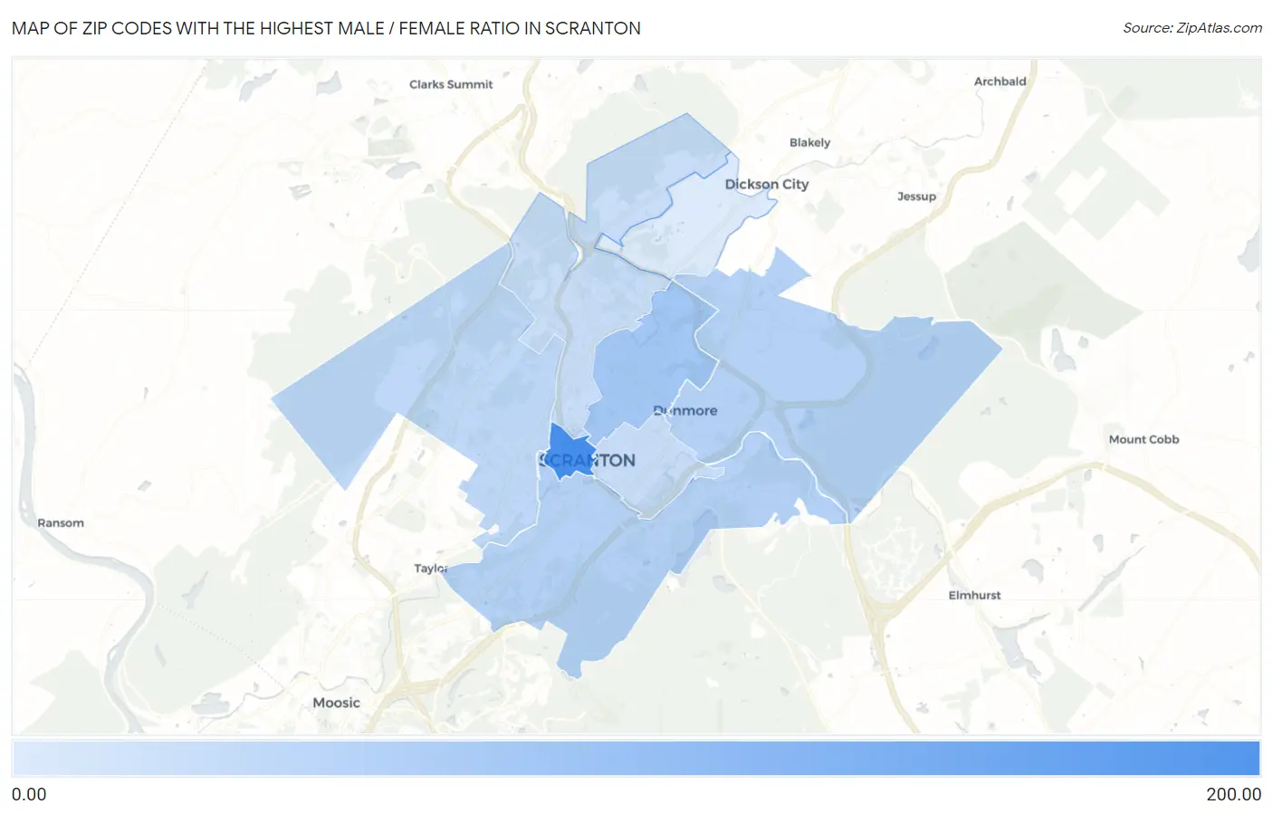 Zip Codes with the Highest Male / Female Ratio in Scranton Map
