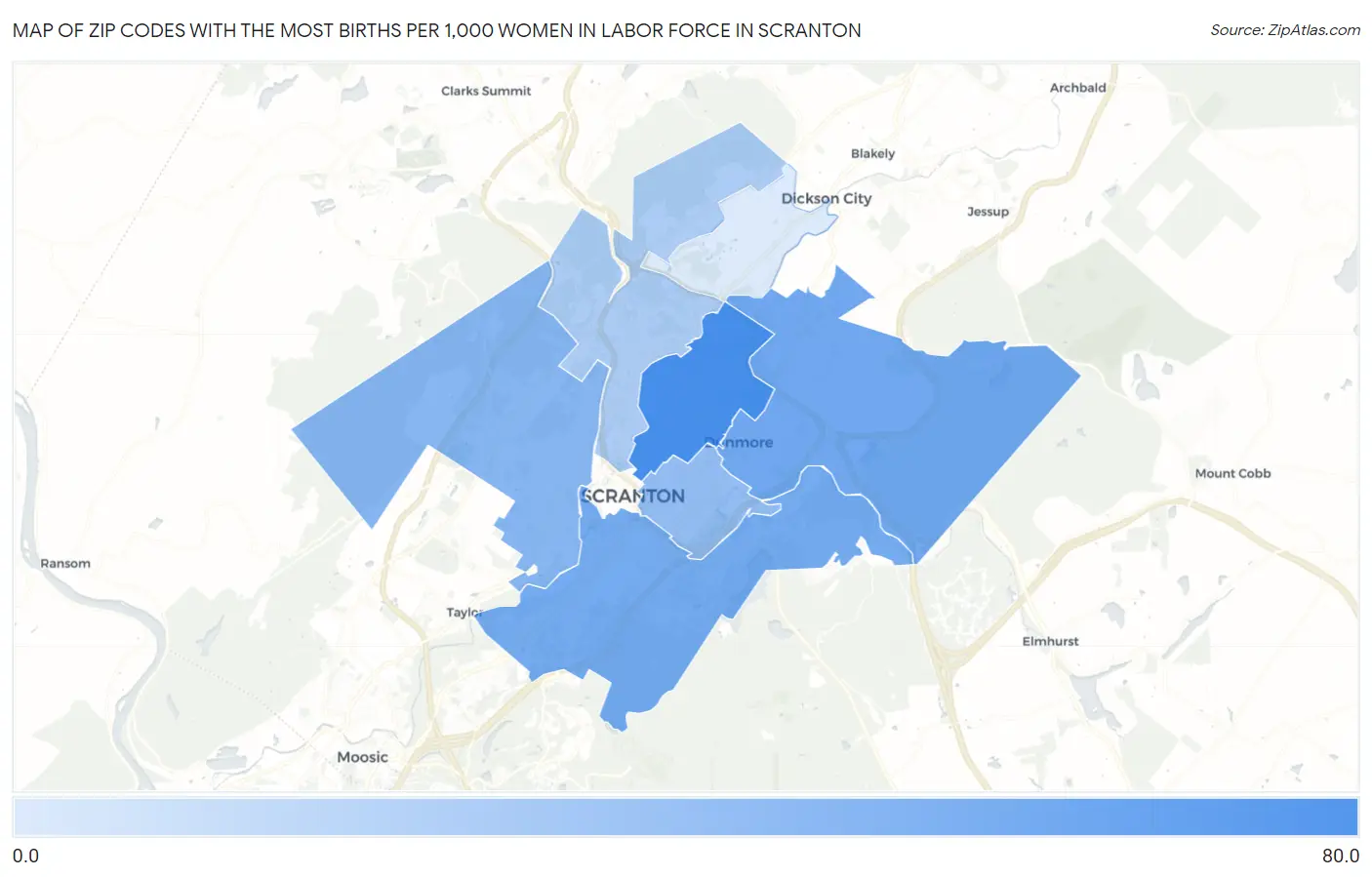 Zip Codes with the Most Births per 1,000 Women in Labor Force in Scranton Map