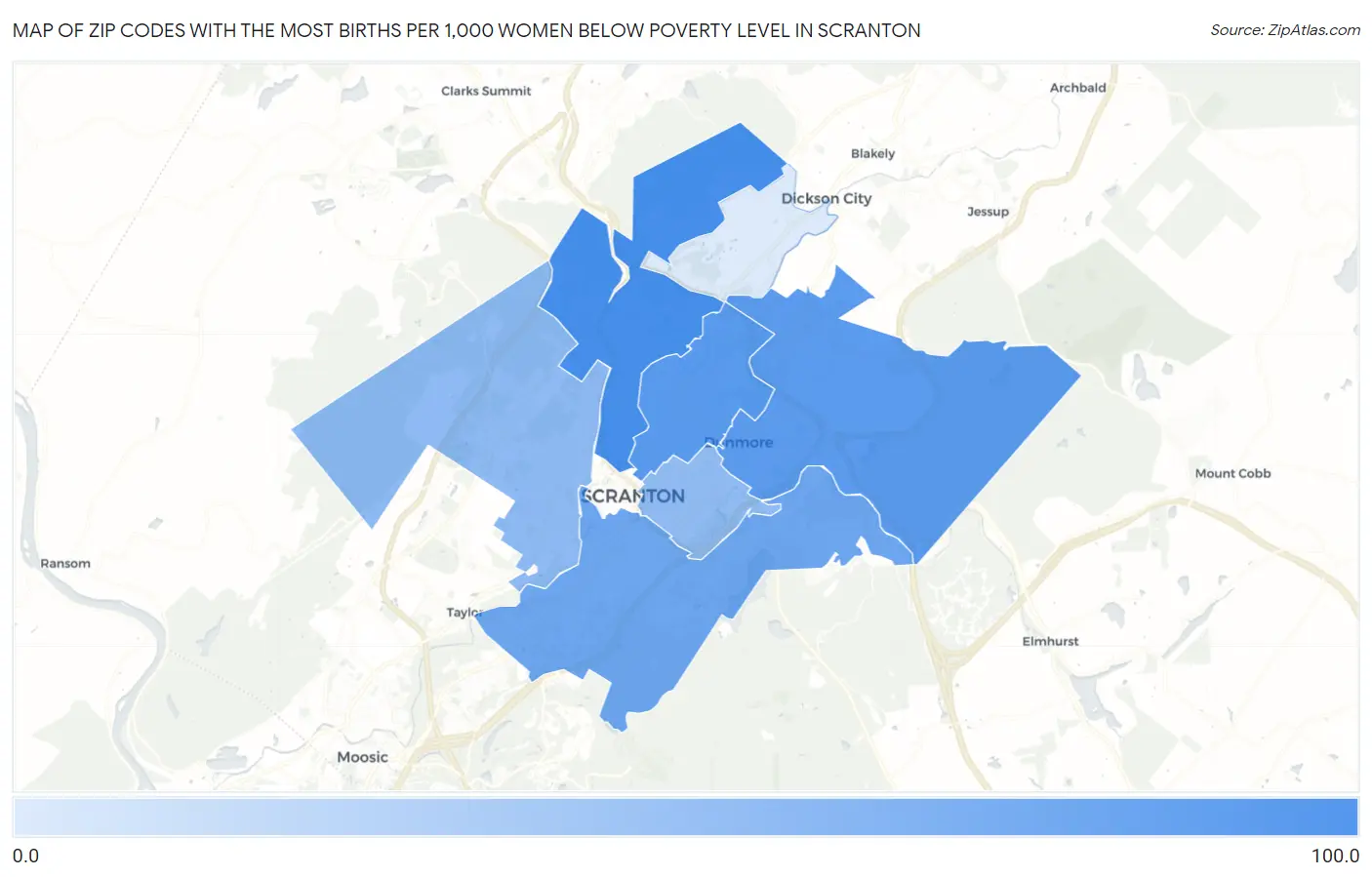 Zip Codes with the Most Births per 1,000 Women Below Poverty Level in Scranton Map