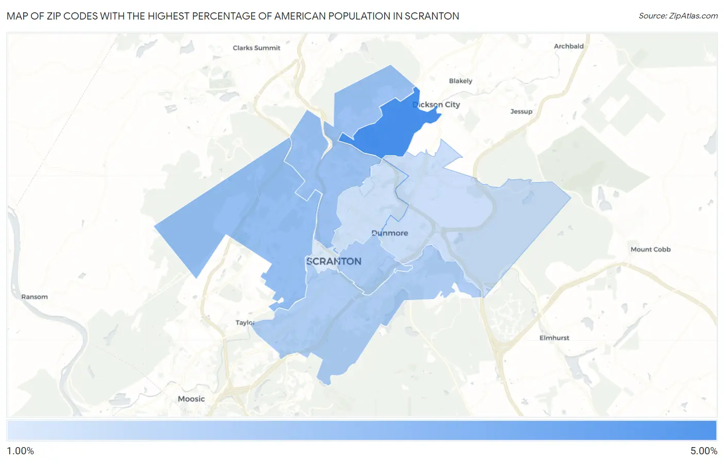 Zip Codes with the Highest Percentage of American Population in Scranton Map
