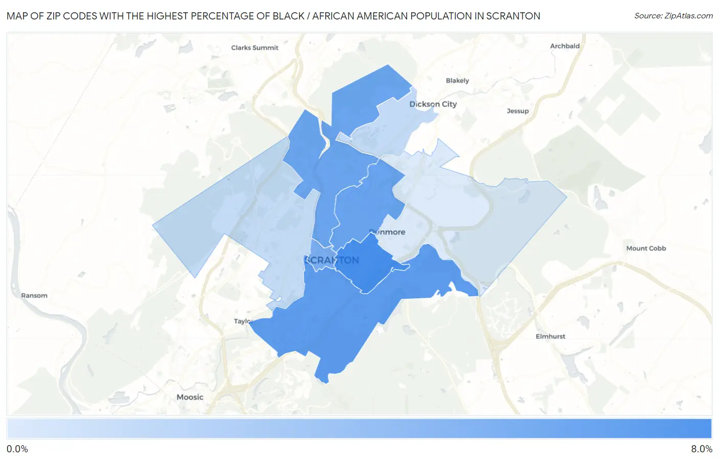 Zip Codes with the Highest Percentage of Black / African American Population in Scranton Map